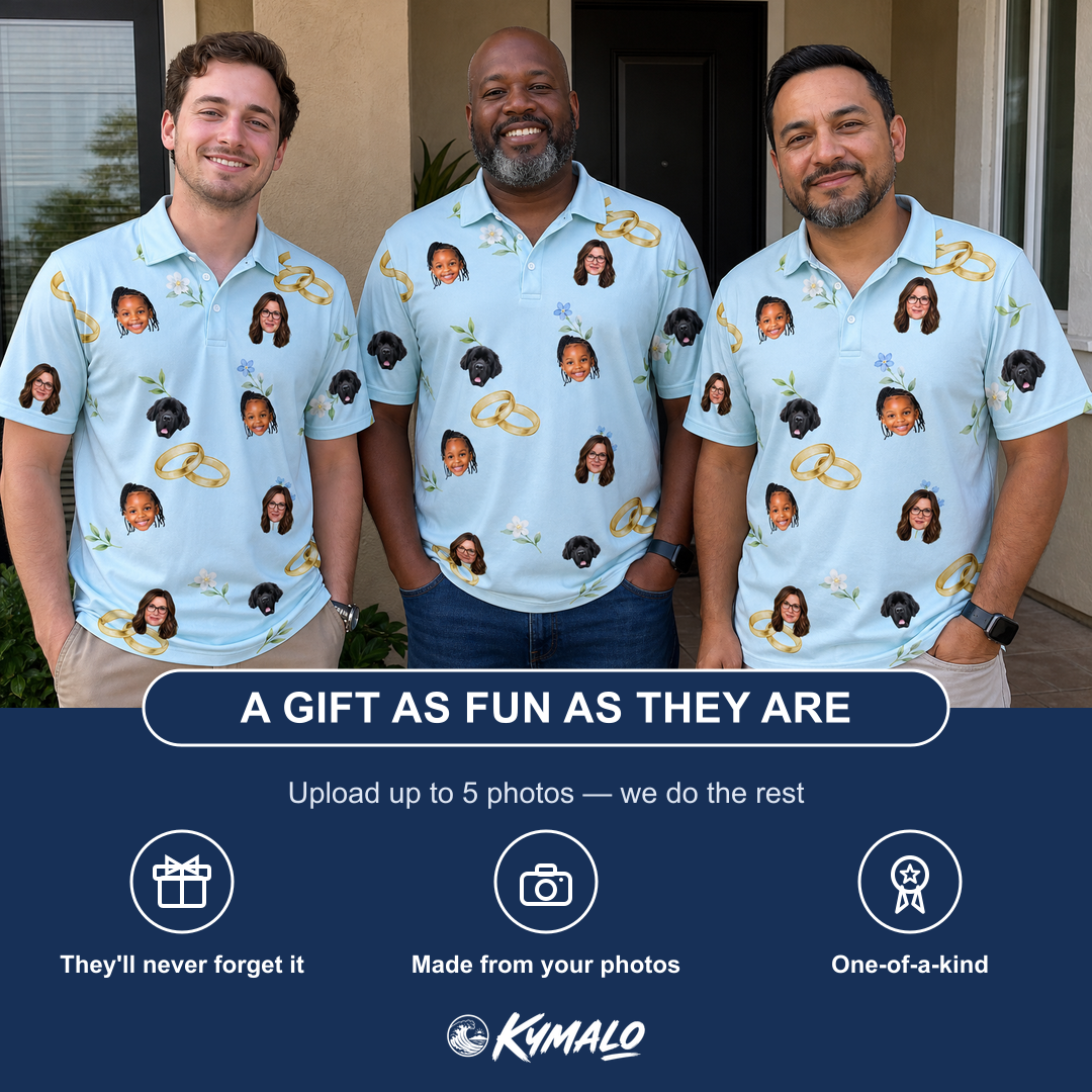 Friends in matching Men's Sandbar Signets Custom Face Polo Shirt — a group gift photo