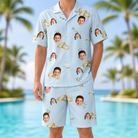 Model wearing Men's Sandbar Signets Custom Face Shirt & Shorts Set printed with kids' faces