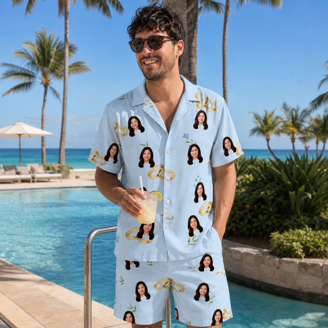 Real-life photo of someone wearing Men's Sandbar Signets Custom Face Shirt & Shorts Set — custom faces printed all-over