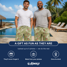 Friends in matching Men's Seaglass Serenade Custom Face Beach Shorts — a group gift photo