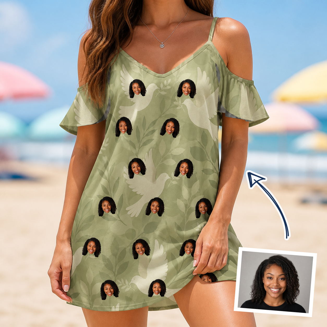 Woman wearing Women's Seaglass Serenade Custom Face Off-Shoulder Dress — custom faces printed all-over