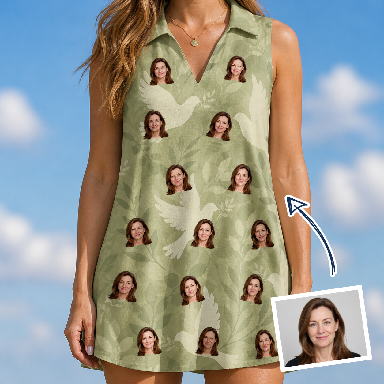 Woman wearing Women's Seaglass Serenade Custom Face V-Neck Dress — custom faces printed all-over