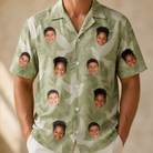 Model wearing Men's Seaglass Serenade Custom Face Hawaiian Shirt printed with kids' faces