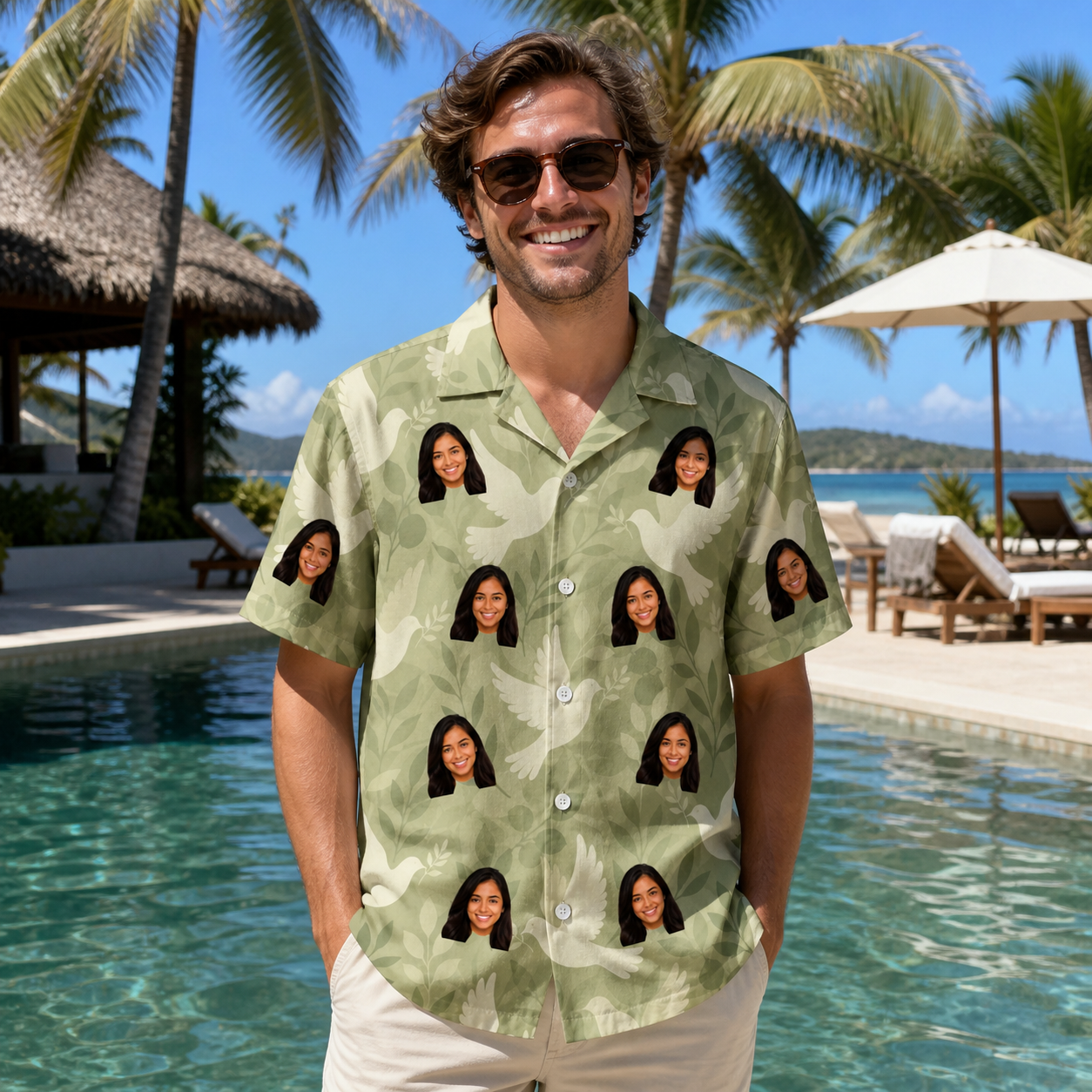 Real-life photo of someone wearing Men's Seaglass Serenade Custom Face Hawaiian Shirt — custom faces printed all-over