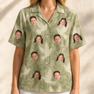 Model wearing Women's Seaglass Serenade Custom Face Hawaiian Shirt printed with kids' faces