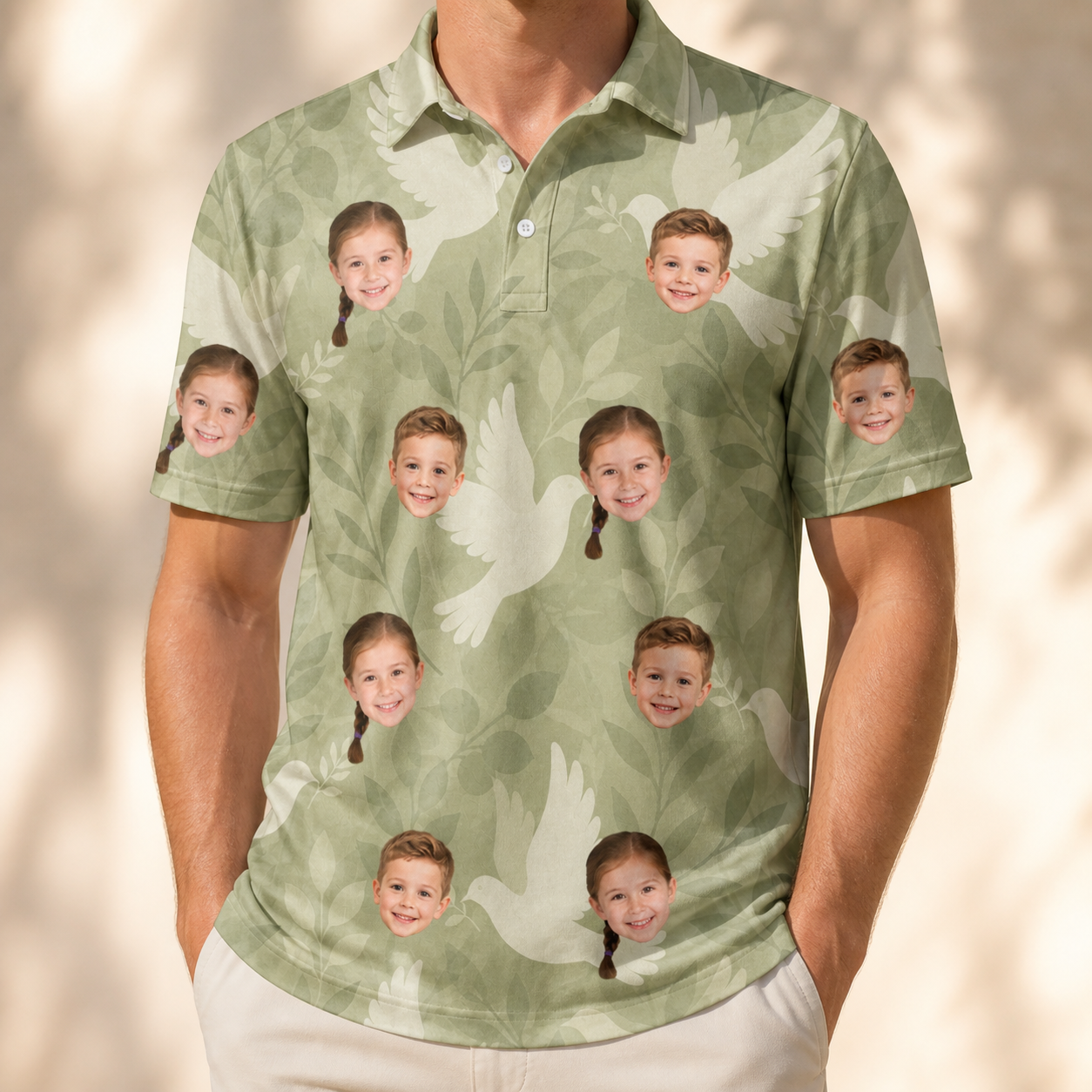 Model wearing Men's Seaglass Serenade Custom Face Polo Shirt printed with kids' faces