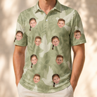 Model wearing Men's Seaglass Serenade Custom Face Polo Shirt printed with kids' faces