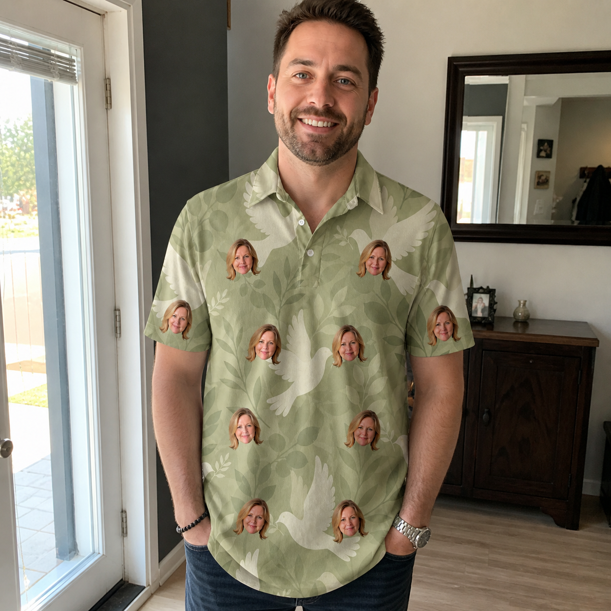 Real-life photo of someone wearing Men's Seaglass Serenade Custom Face Polo Shirt — custom faces printed all-over