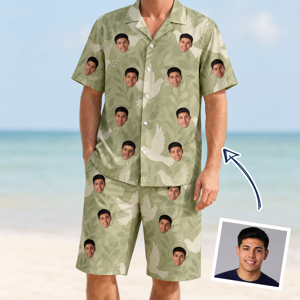 Man wearing Men's Seaglass Serenade Custom Face Shirt & Shorts Set — custom faces printed all-over