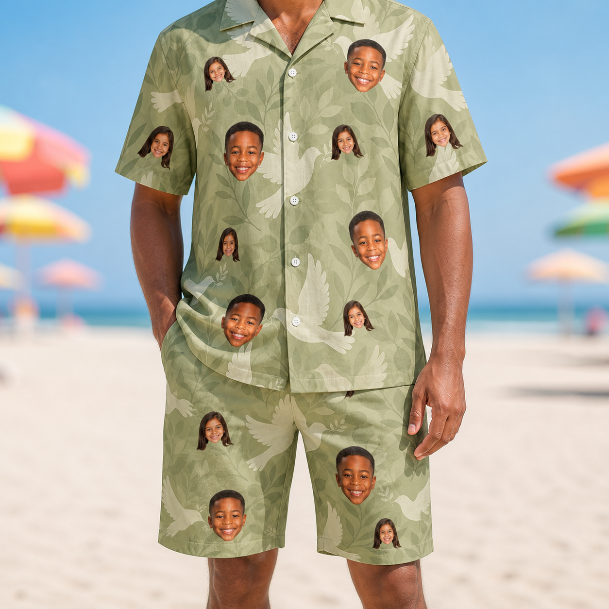 Model wearing Men's Seaglass Serenade Custom Face Shirt & Shorts Set printed with kids' faces