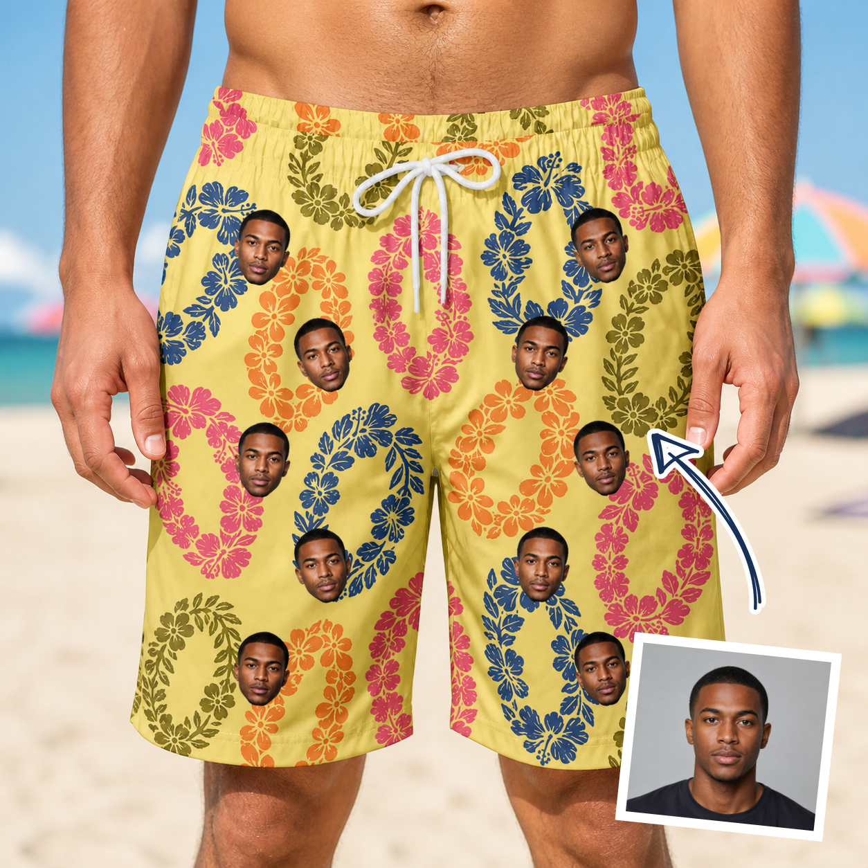 Man wearing Men's Leisure Lovers Custom Face Beach Shorts — custom faces printed all-over