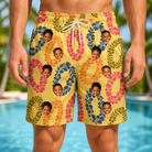 Model wearing Men's Leisure Lovers Custom Face Beach Shorts printed with kids' faces