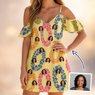 Woman wearing Women's Leisure Lovers Custom Face Off-Shoulder Dress — custom faces printed all-over