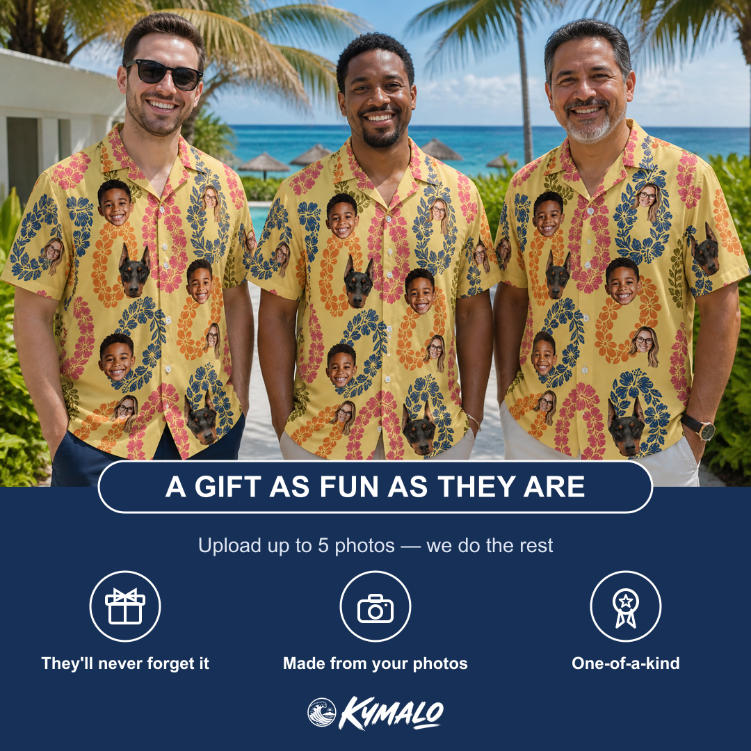 Friends in matching Men's Leisure Lovers Custom Face Hawaiian Shirt — a group gift photo