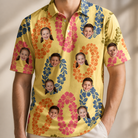 Model wearing Men's Leisure Lovers Custom Face Polo Shirt printed with kids' faces