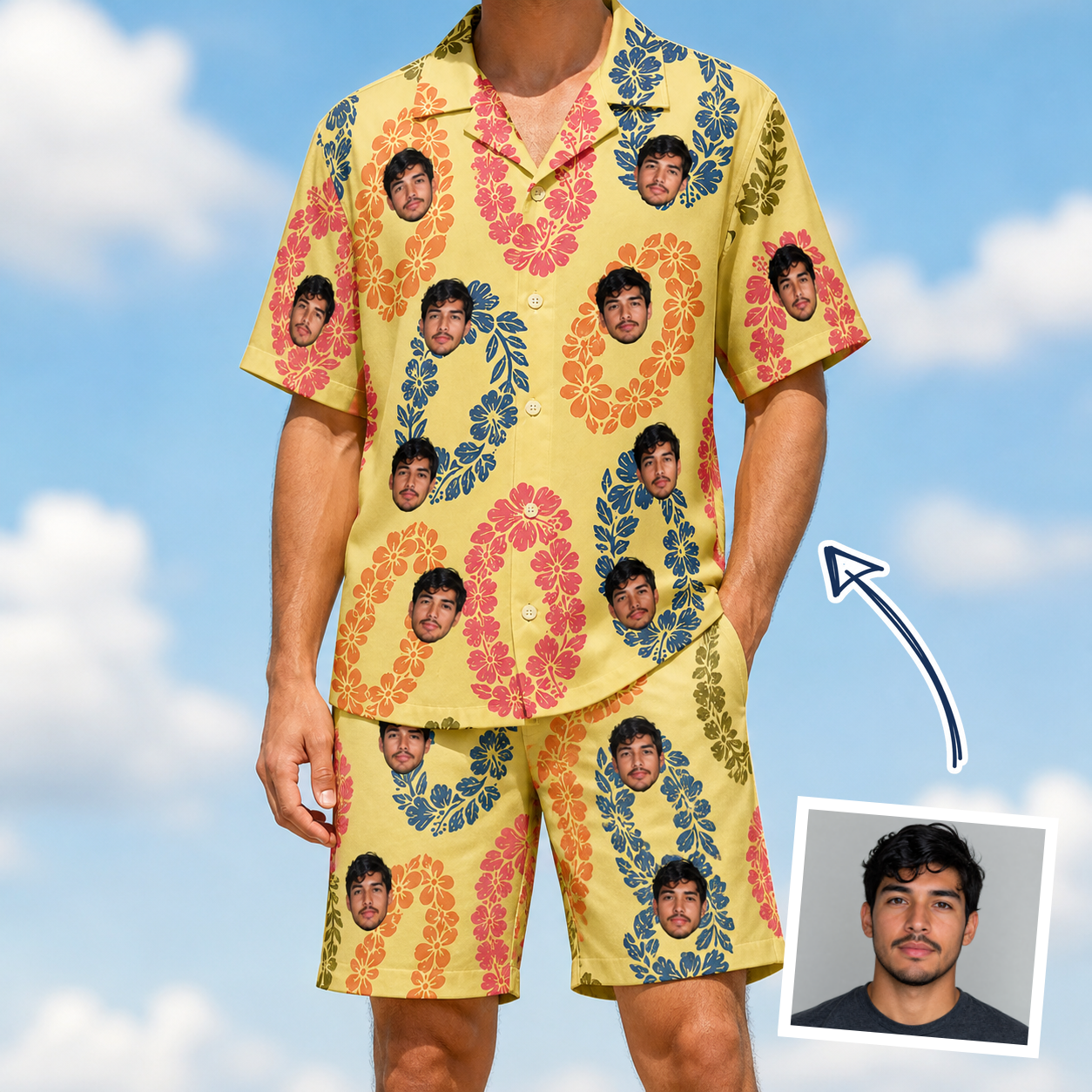 Man wearing Men's Leisure Lovers Custom Face Shirt & Shorts Set — custom faces printed all-over