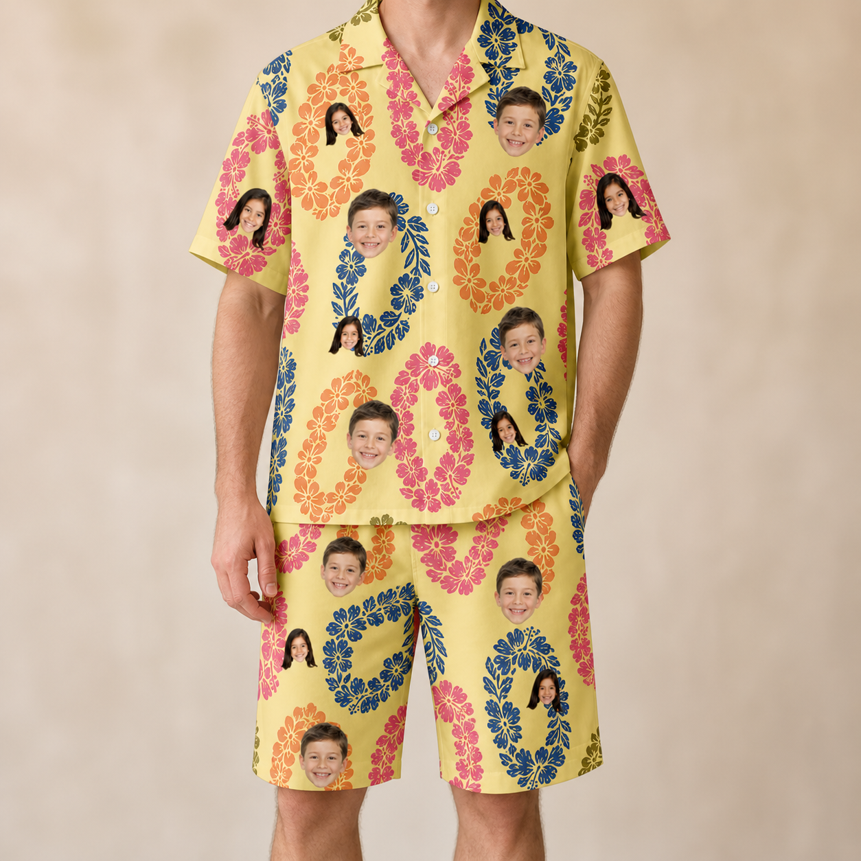 Model wearing Men's Leisure Lovers Custom Face Shirt & Shorts Set printed with kids' faces