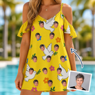 Woman wearing Women's Dovebound Daydream Custom Face Off-Shoulder Dress — custom faces printed all-over