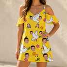 Model wearing Women's Dovebound Daydream Custom Face Off-Shoulder Dress printed with kids' faces