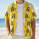 Man wearing Men's Dovebound Daydream Custom Face Hawaiian Shirt open over a white tee