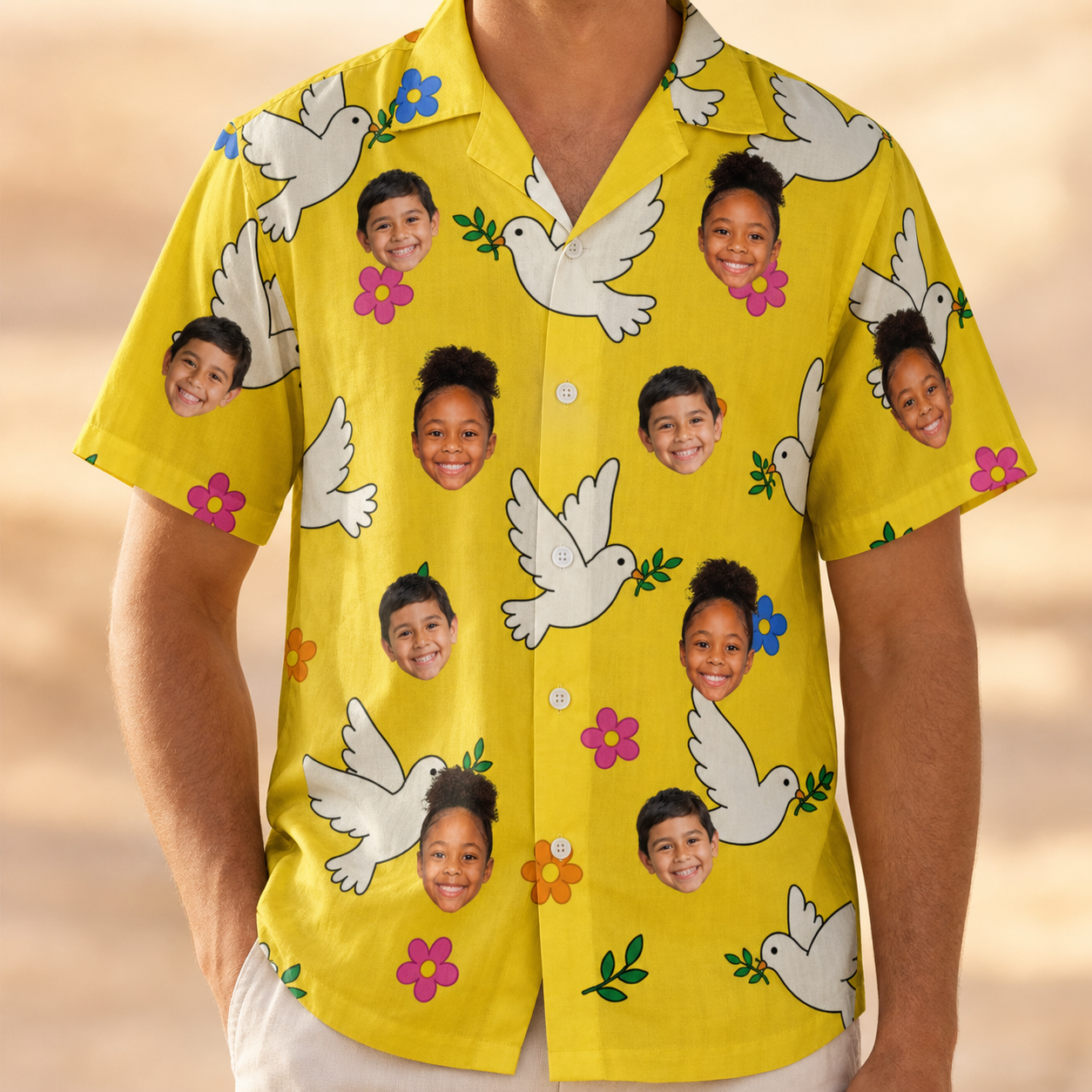 Model wearing Men's Dovebound Daydream Custom Face Hawaiian Shirt printed with kids' faces