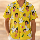 Model wearing Men's Dovebound Daydream Custom Face Hawaiian Shirt printed with kids' faces