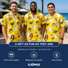 Friends in matching Men's Dovebound Daydream Custom Face Hawaiian Shirt — a group gift photo