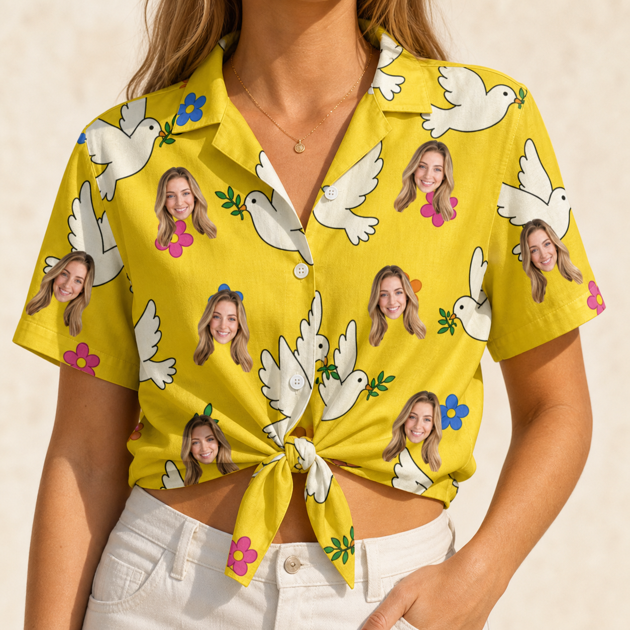 Woman wearing Women's Dovebound Daydream Custom Face Hawaiian Shirt tied at the waist
