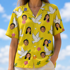 Model wearing Women's Dovebound Daydream Custom Face Hawaiian Shirt printed with kids' faces