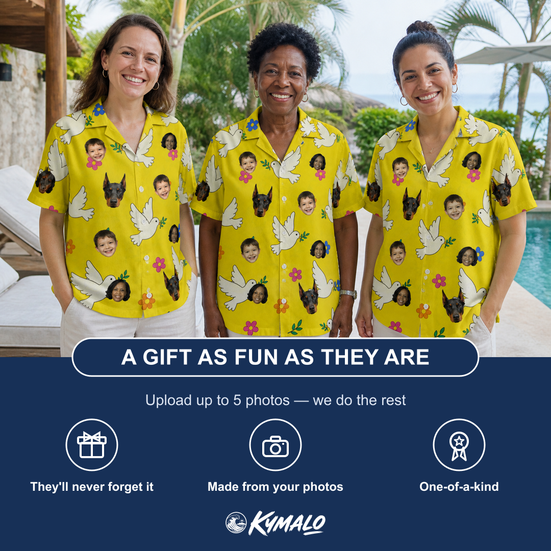 Friends in matching Women's Dovebound Daydream Custom Face Hawaiian Shirt — a group gift photo