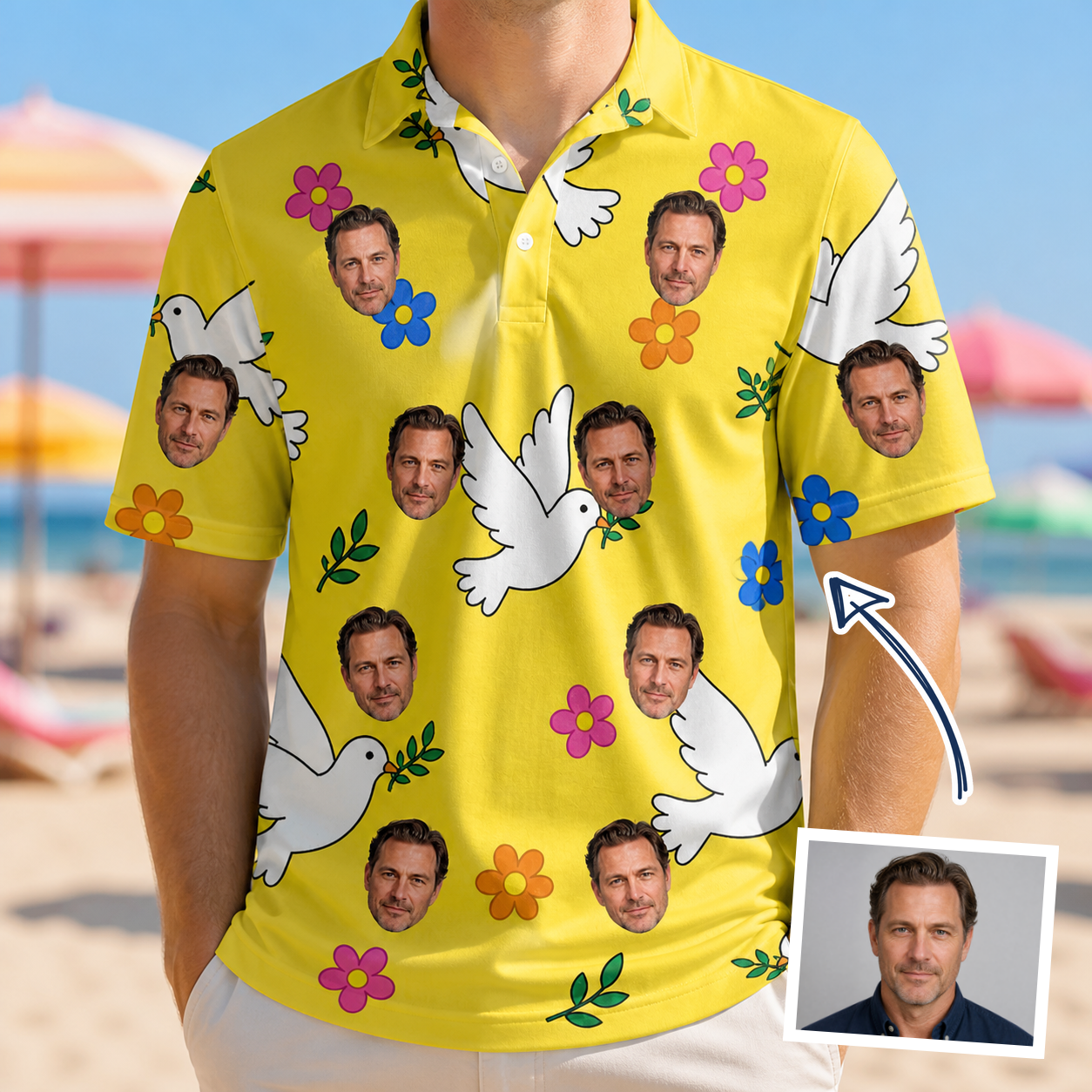 Man wearing Men's Dovebound Daydream Custom Face Polo Shirt — custom faces printed all-over