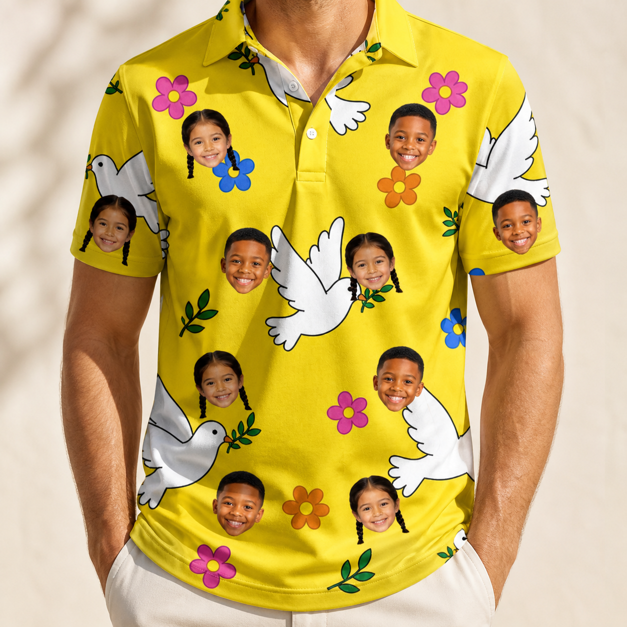 Model wearing Men's Dovebound Daydream Custom Face Polo Shirt printed with kids' faces