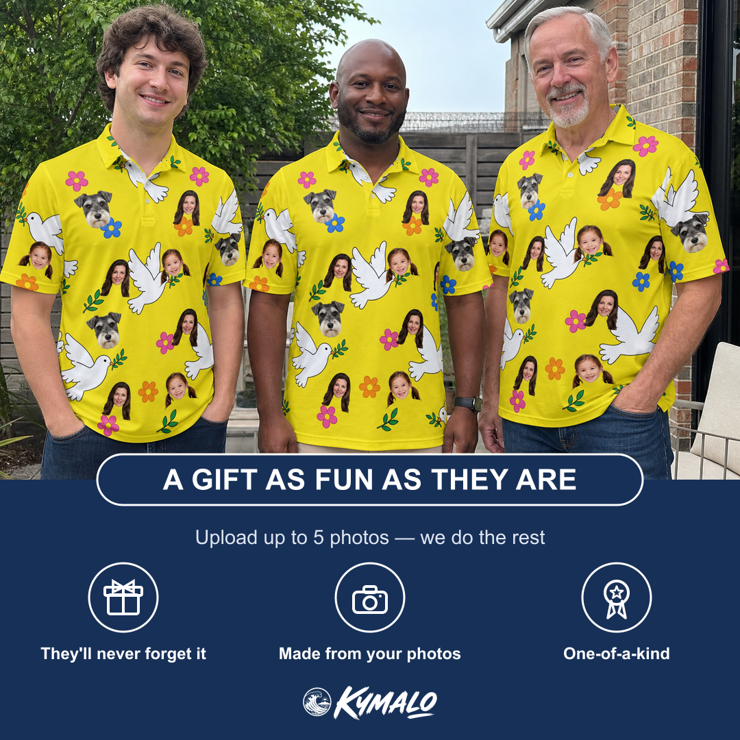 Friends in matching Men's Dovebound Daydream Custom Face Polo Shirt — a group gift photo
