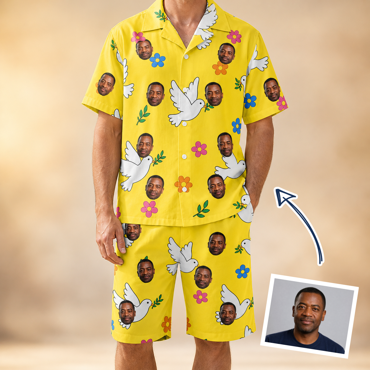 Man wearing Men's Dovebound Daydream Custom Face Shirt & Shorts Set — custom faces printed all-over