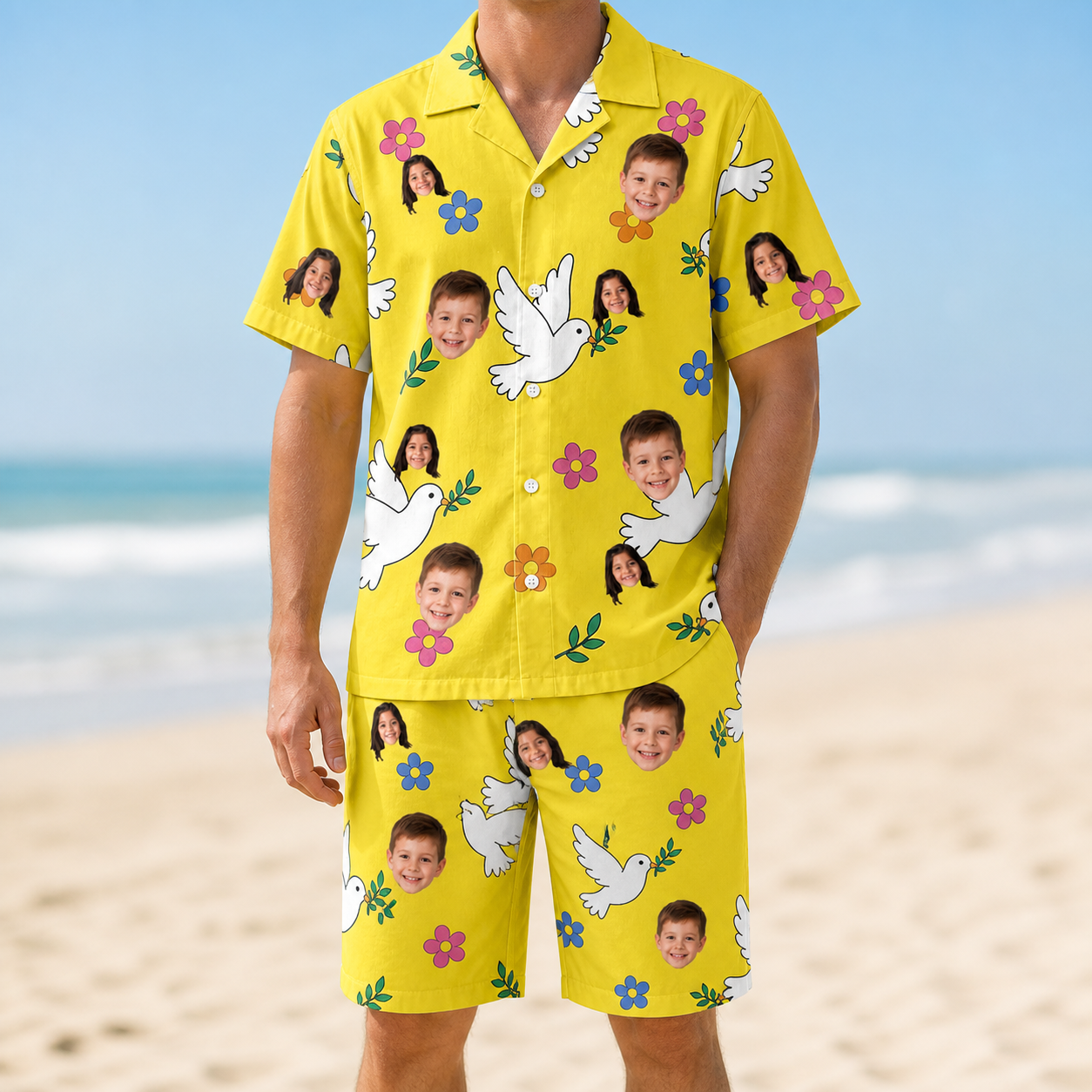 Model wearing Men's Dovebound Daydream Custom Face Shirt & Shorts Set printed with kids' faces