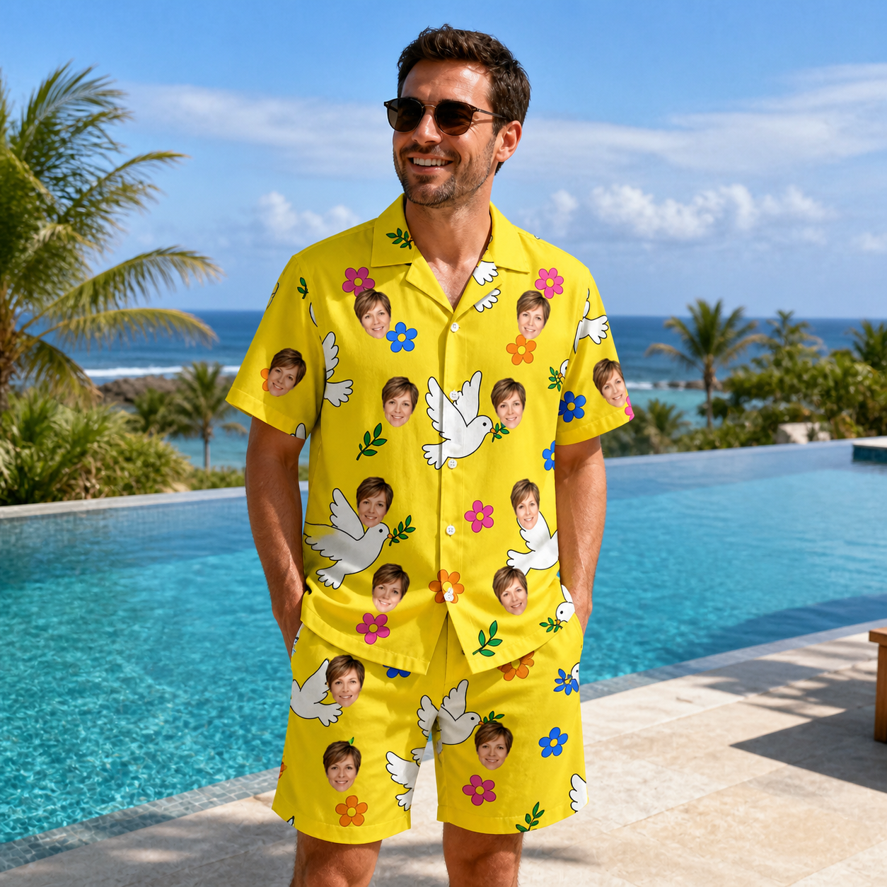 Real-life photo of someone wearing Men's Dovebound Daydream Custom Face Shirt & Shorts Set — custom faces printed all-over