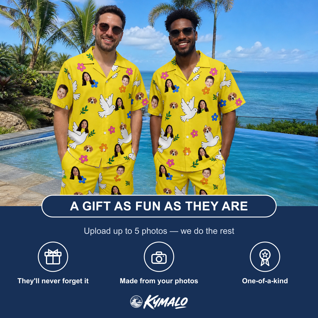 Friends in matching Men's Dovebound Daydream Custom Face Shirt & Shorts Set — a group gift photo