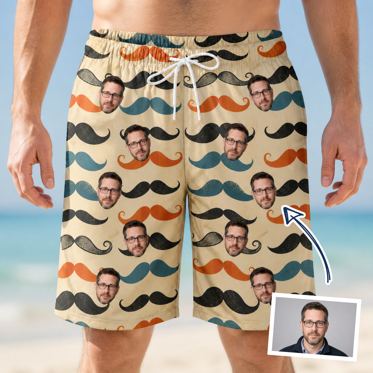 Man wearing Men's Stache Celebration Custom Face Beach Shorts — custom faces printed all-over