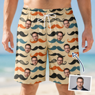 Man wearing Men's Stache Celebration Custom Face Beach Shorts — custom faces printed all-over
