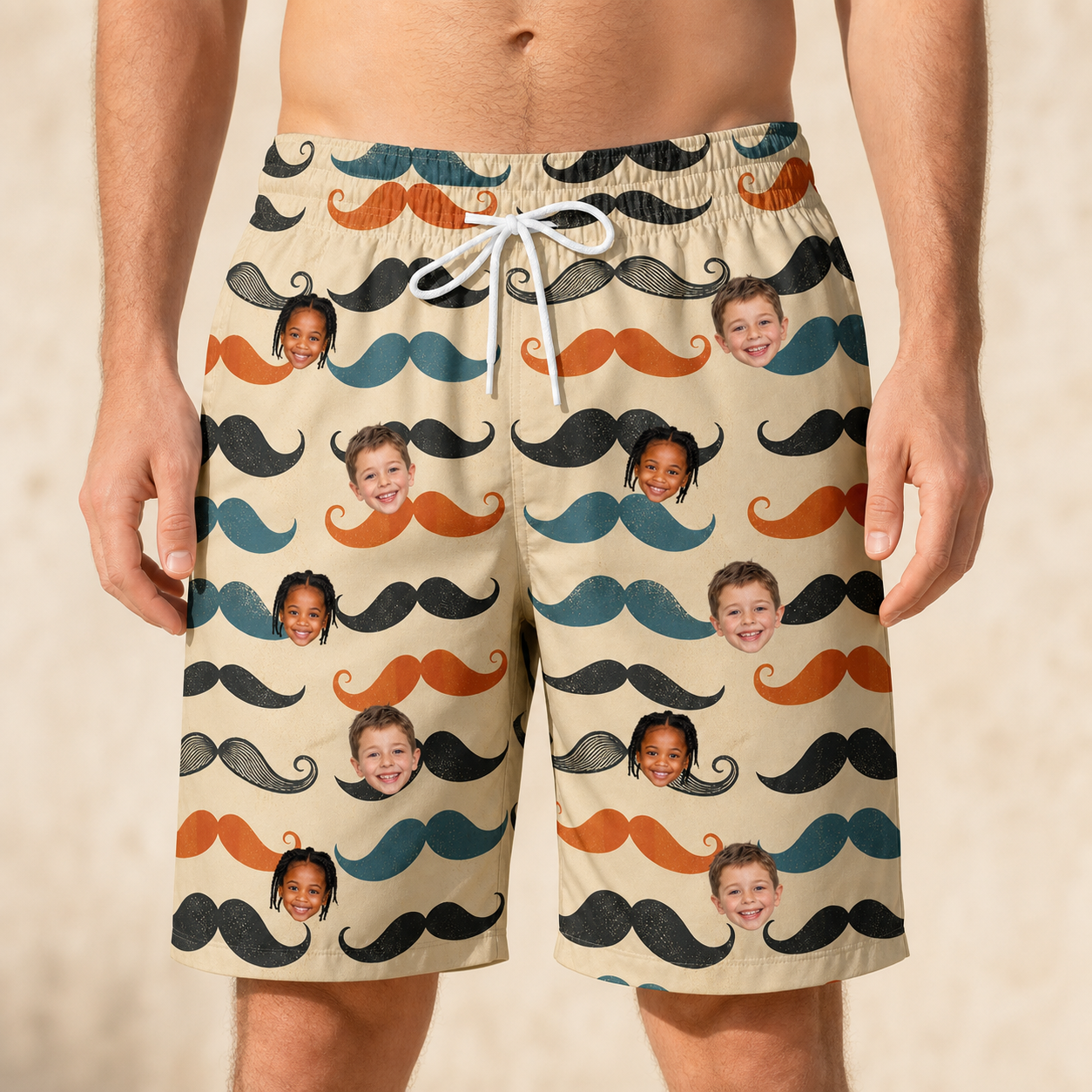 Model wearing Men's Stache Celebration Custom Face Beach Shorts printed with kids' faces