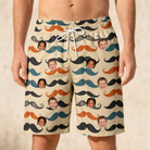 Model wearing Men's Stache Celebration Custom Face Beach Shorts printed with kids' faces