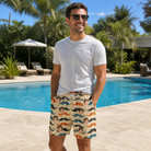 Real-life photo of someone wearing Men's Stache Celebration Custom Face Beach Shorts — custom faces printed all-over