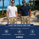 Friends in matching Men's Stache Celebration Custom Face Beach Shorts — a group gift photo