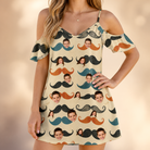 Model wearing Women's Stache Celebration Custom Face Off-Shoulder Dress printed with kids' faces