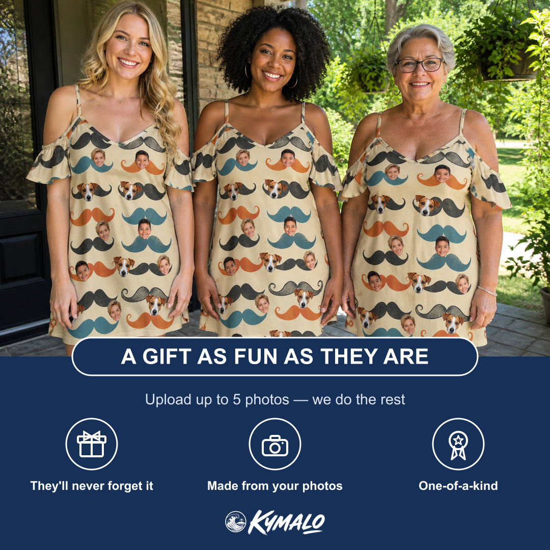 Friends in matching Women's Stache Celebration Custom Face Off-Shoulder Dress — a group gift photo