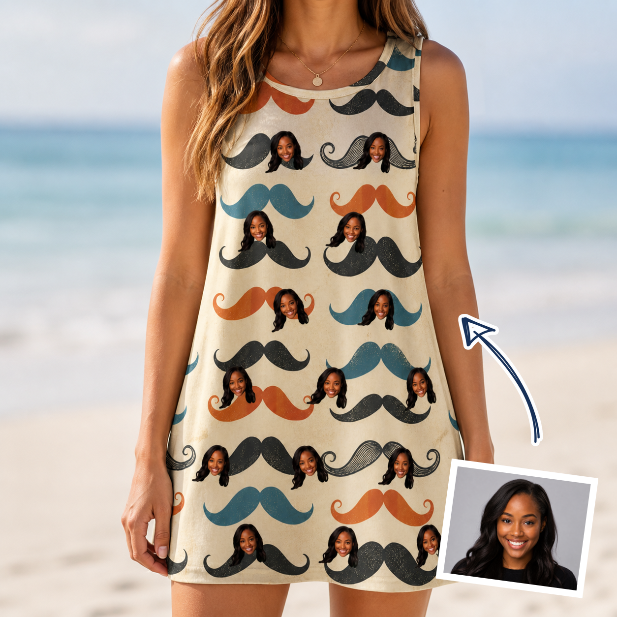Woman wearing Women's Stache Celebration Custom Face Tank Dress — custom faces printed all-over
