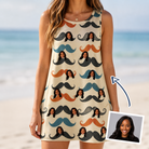 Woman wearing Women's Stache Celebration Custom Face Tank Dress — custom faces printed all-over