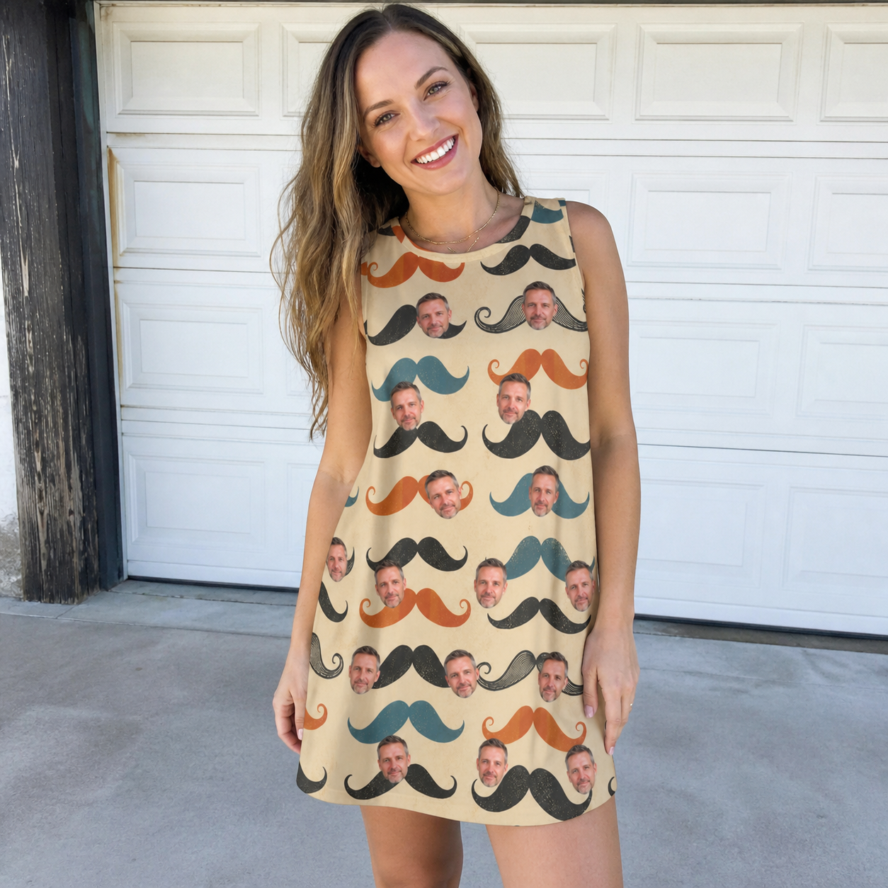 Real-life photo of someone wearing Women's Stache Celebration Custom Face Tank Dress — custom faces printed all-over