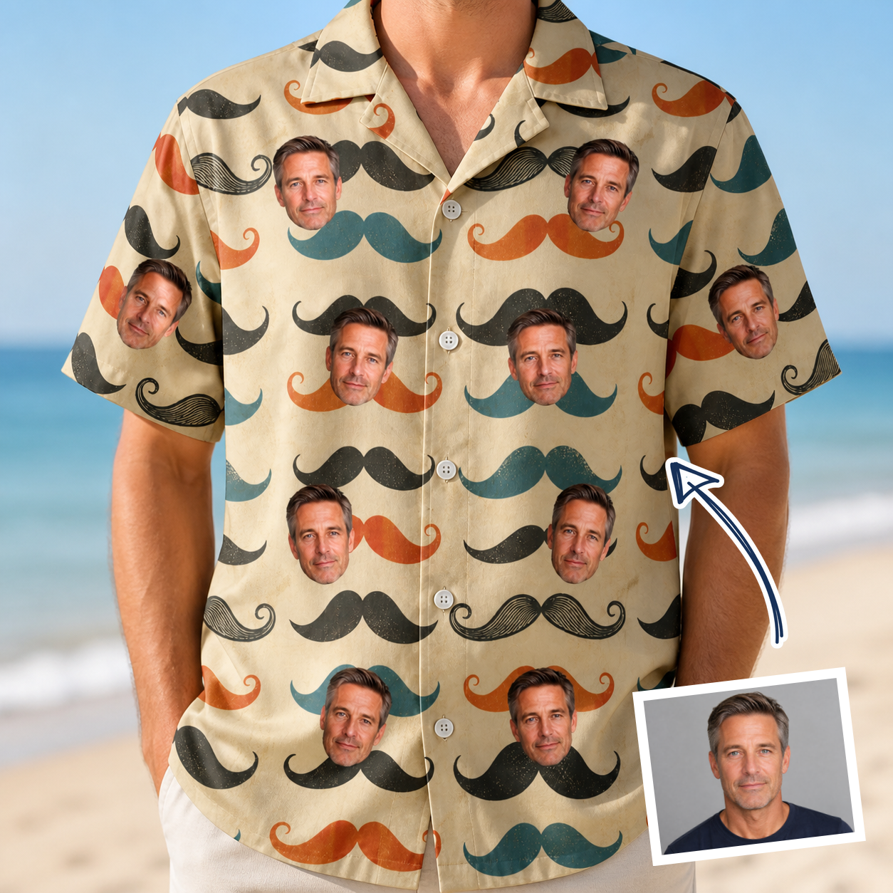 Man wearing Men's Stache Celebration Custom Face Hawaiian Shirt — custom faces printed all-over