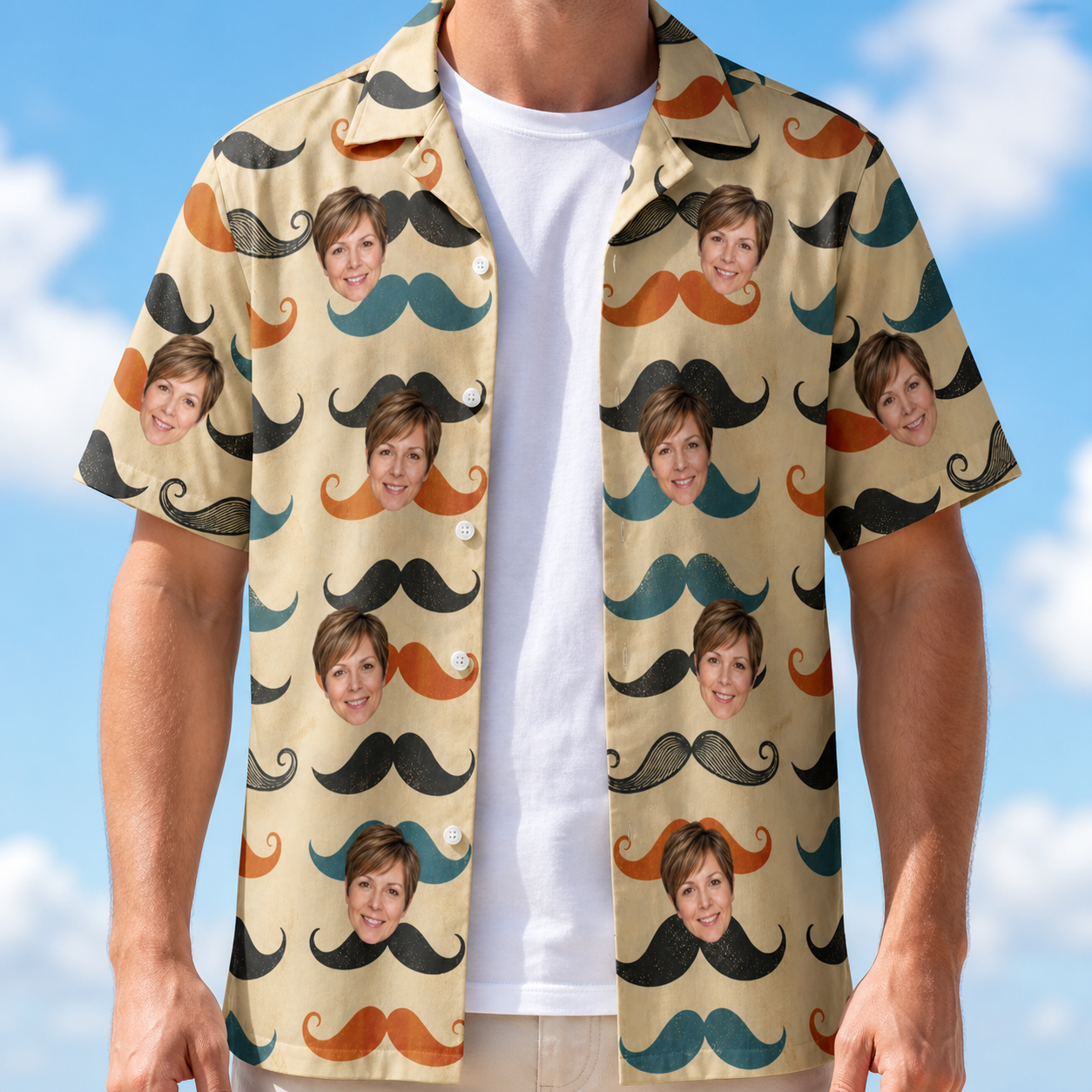 Man wearing Men's Stache Celebration Custom Face Hawaiian Shirt open over a white tee